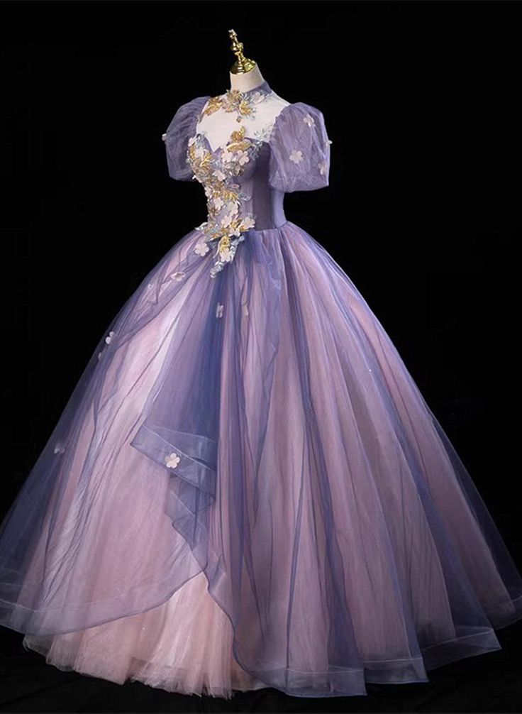 Purple Tulle Puff Sleeve Appliques Quinceanera Dress Evening Dress - View 2 | FashionDia