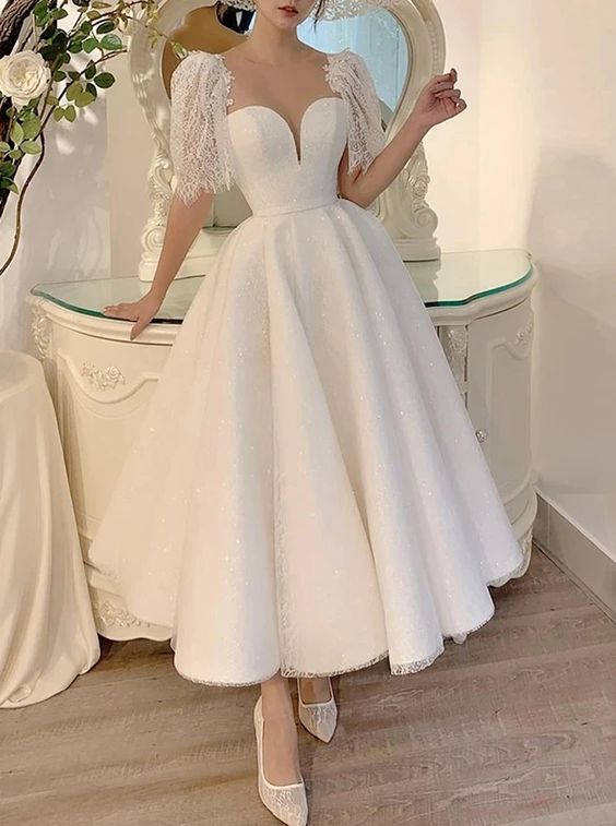 A-line Tea Length Lace Wedding Dresses With Short Sleeves fg6418