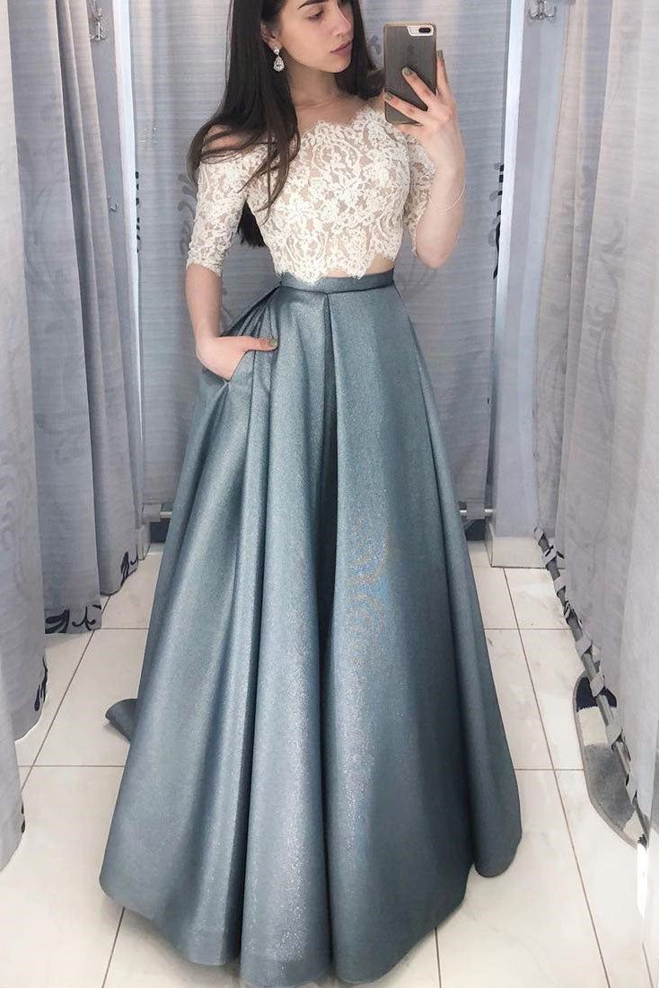 Two Piece Long Prom Dress with White Lace Top - View 2 | FashionDia