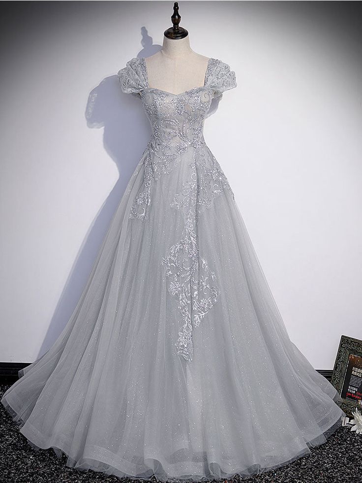 Gray Sweetheart Neck Tulle Lace Long Prom Dress, Gray Evening Dress - View 2 | FashionDia