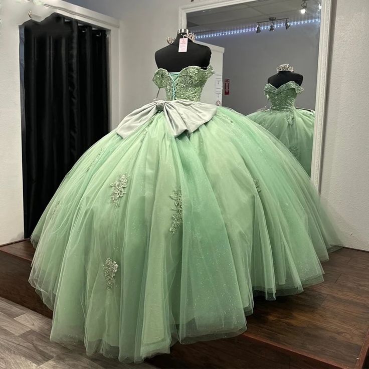 Luxury Sage Green Mexican Quinceanera Dresses Applique Lace Prom Gown - View 2 | FashionDia