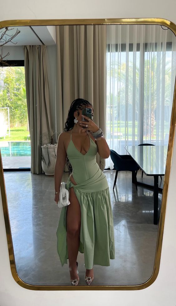 Green Halter Evening Party Gowns Casual Dress fg6678