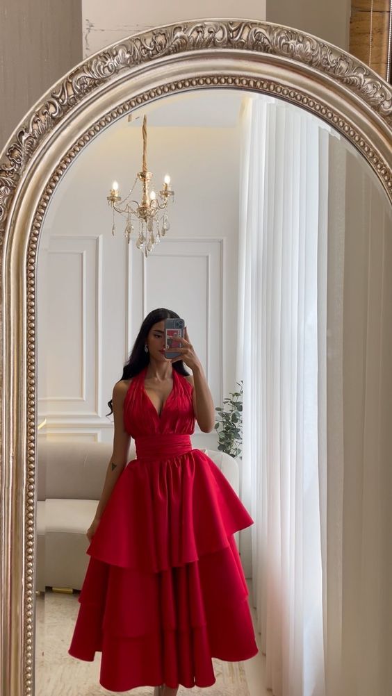 Elegant Short Satin Halter Evening Dresses Muslim Backless A-Line Red Dress Formal Dress Pleated Tea-Length Gowns - View 2 | FashionDia