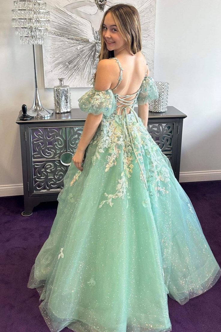 A-Line Appliques Plunge V Long Prom Dress with Detachable Sleeves - FashionDia