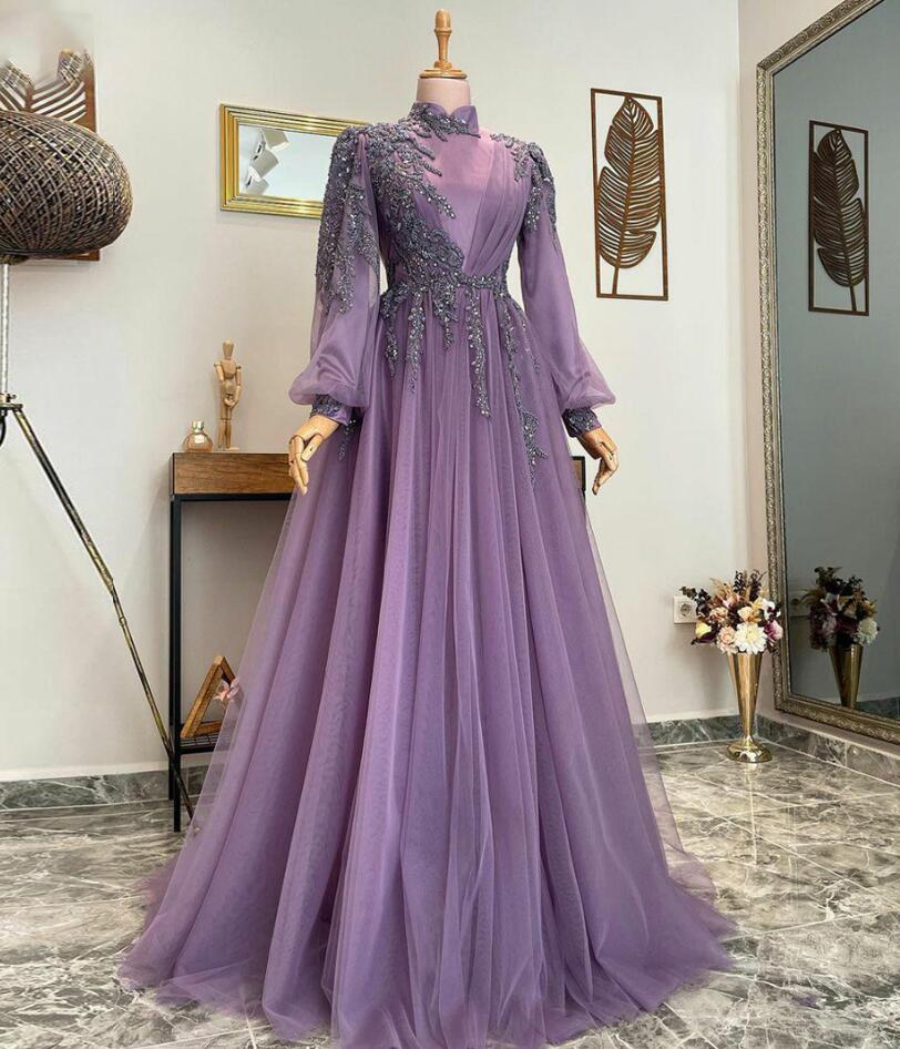 A-Line Purple Muslim Evening Dresses - FashionDia