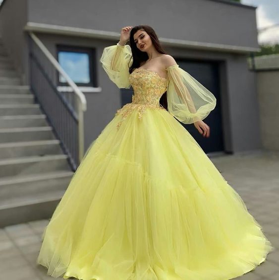A-Line Tulle Long Prom Dress, Yellow Ball Gown Evening Dress - FashionDia