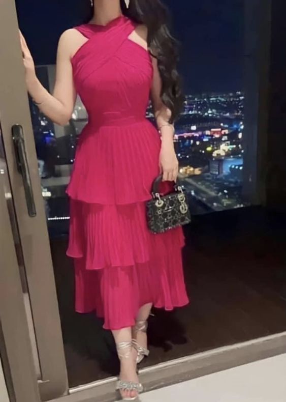 Fuchsia long pleated evening dress, cocktail dress, special occasion dress - View 2 | FashionDia