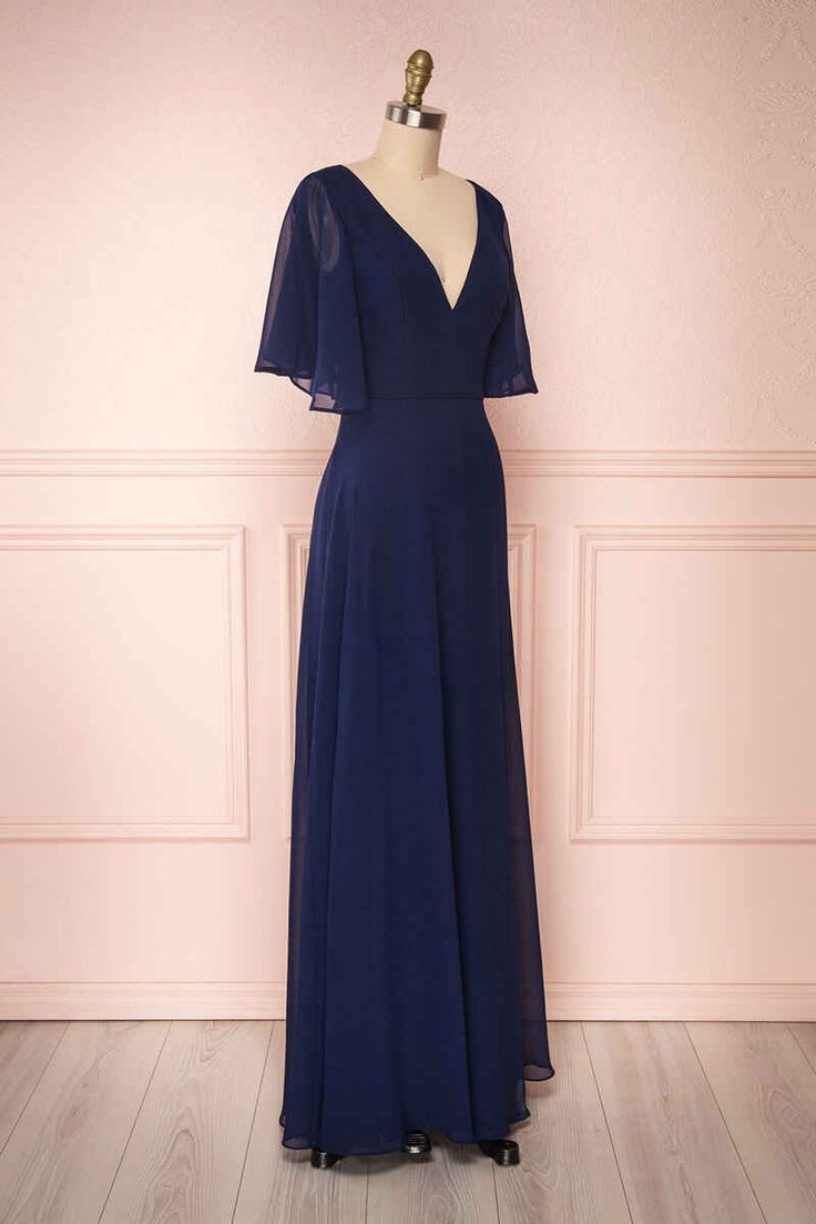 Navy Blue Chiffon V-Neck Ruffled Sleeve Long Bridesmaid Dress - View 4 | FashionDia