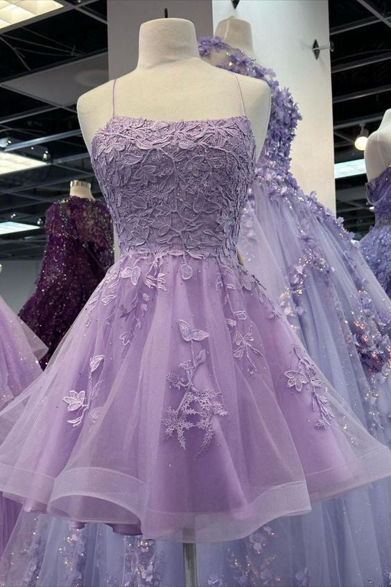 Light Purple Straps Tulle with Lace Party Dress, Light Purple Homecoming Dress - View 2 | FashionDia