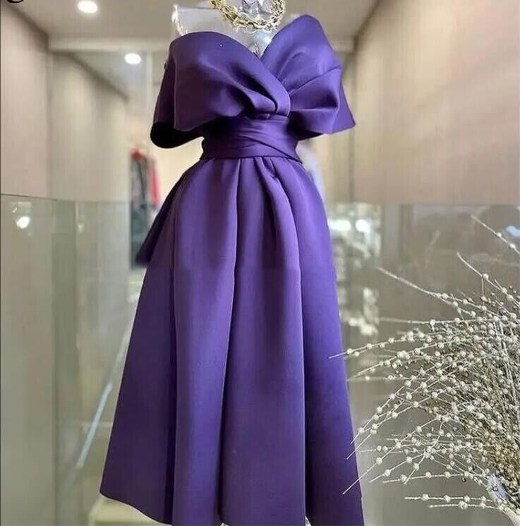 Gorgeous Cocktail Dress Satin Pleated Sexy V-Neck Off-the-Shoulder Princess Prom Dresses - View 2 | FashionDia