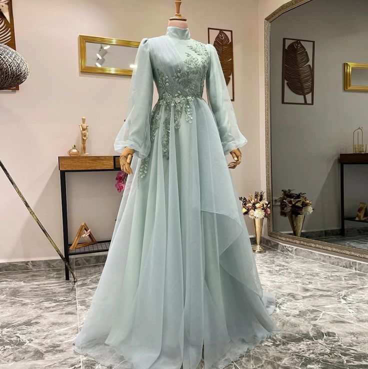 A-Line Evening Gowns Formal Elegant Beading Flowers Tulle Muslim Prom Dresses - View 2 | FashionDia