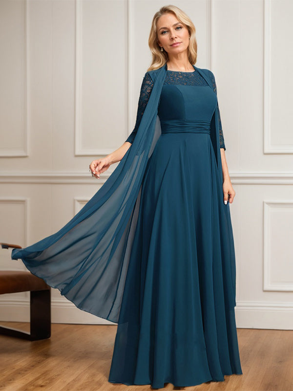 A-line Scoop Illusion Floor-Length Lace Chiffon Mother of the Bride Dress With Pleated