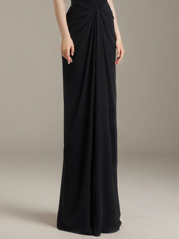 Black Stretch Crepe Square Neck Floor-Length Dress with Bow Sleeves - View 4 | FashionDia