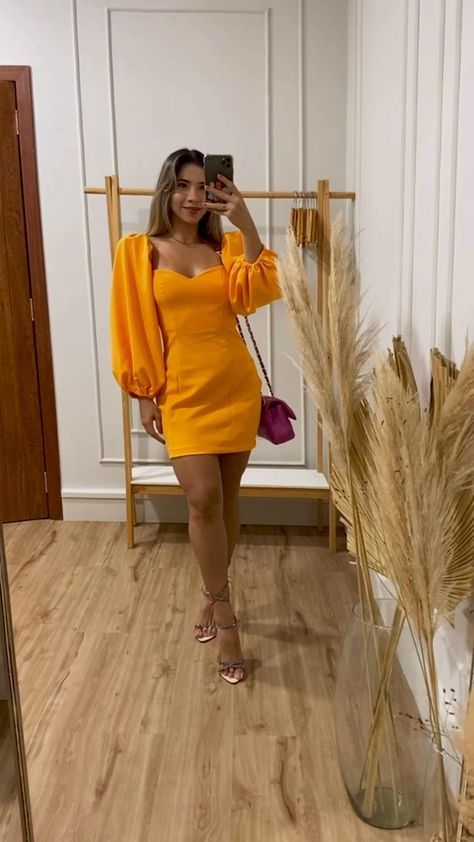 Women Fashion Elegant Orange dress Puff Sleeve Homecoming Dresses - FashionDia