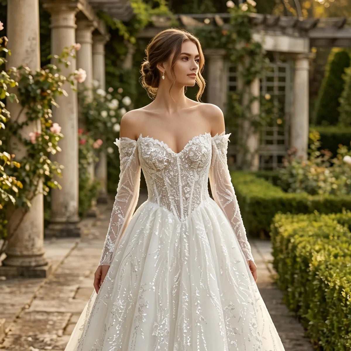 Luxury White Off-the-Shoulder Long Sleeve Lace Tulle Ball Gown Wedding Dress ZP068