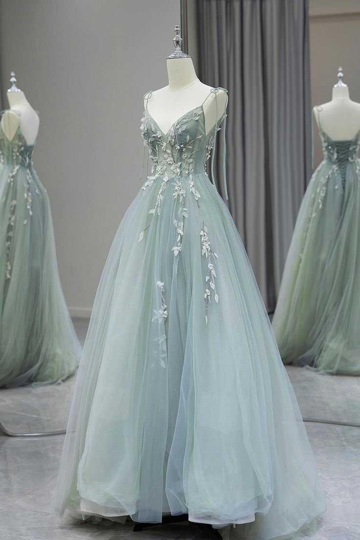 Stylish Spaghetti Strap Tulle Floor-Length Formal Dress Gray Green V-Neck Backless Party Dress - FashionDia