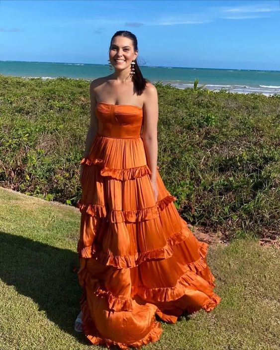 Strapless Burnt Orange A Line Layered Satin Long Prom Dress fg6178 - VelvetHem