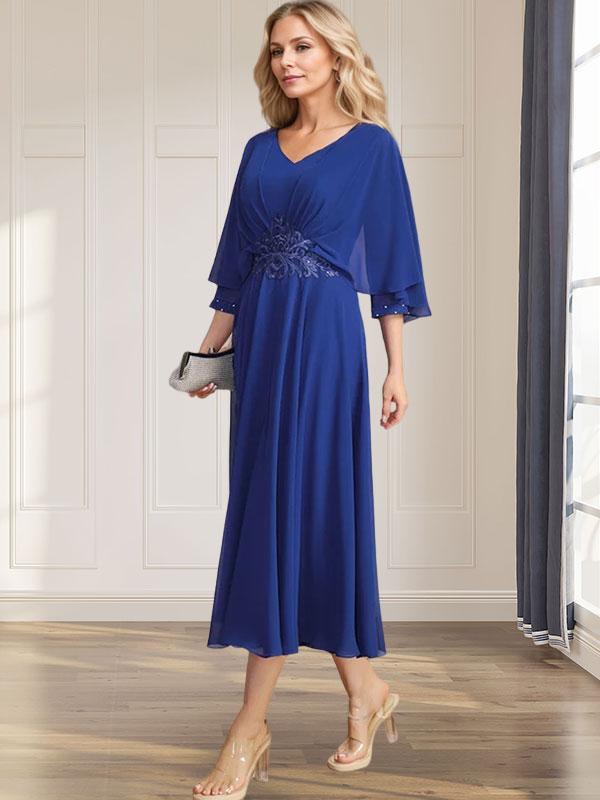 A-line V-Neck Tea-Length Chiffon Mother of the Bride Dress With Pleated Sequins Appliques Lace Beadind - View 2 | FashionDia