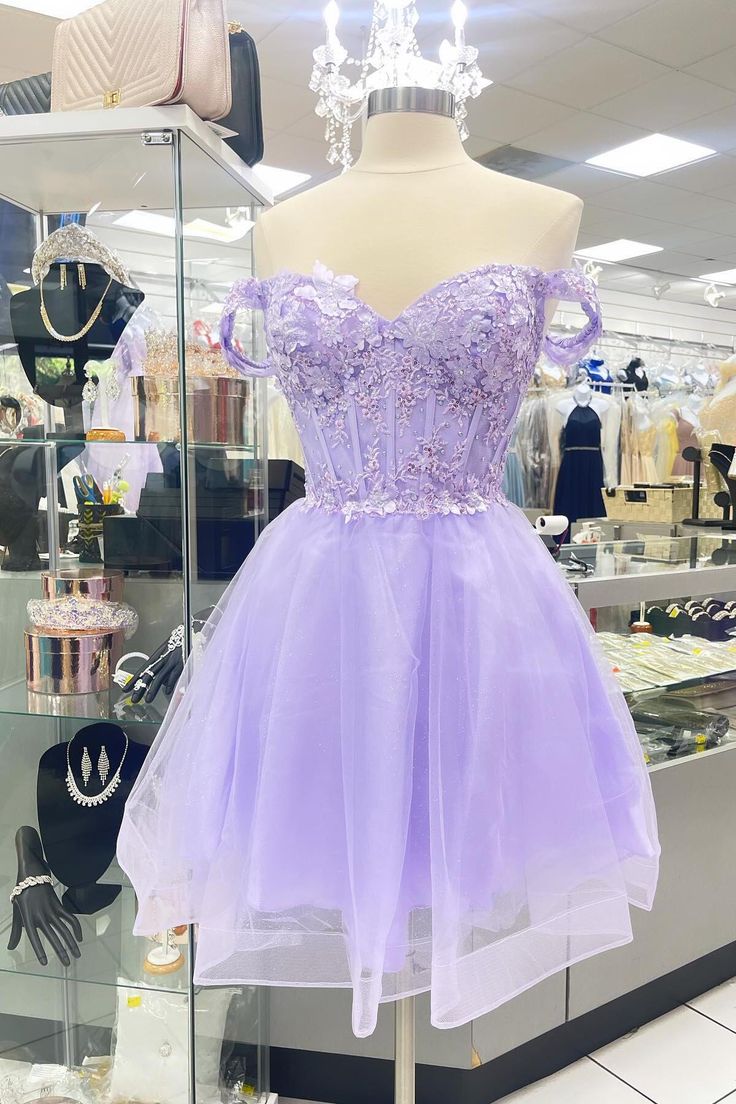 Off Shoulder Lavender Appliques Homecoming Dress Tulle Short Party Dress