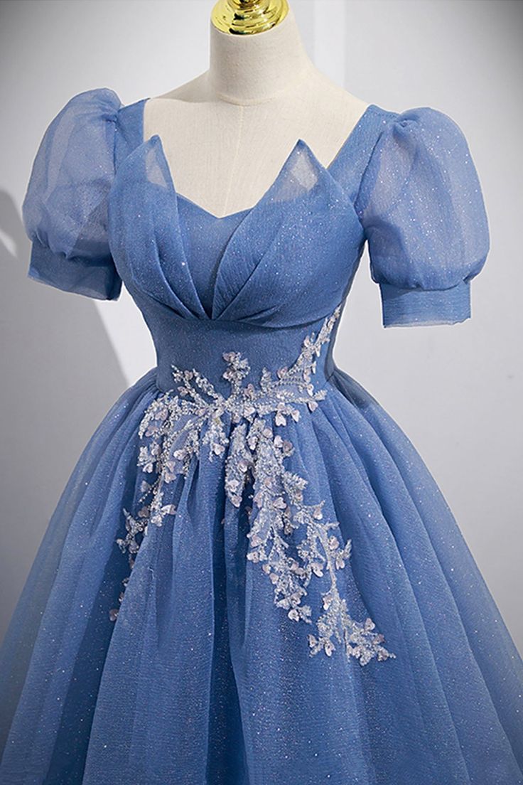 Tulle Lace Floor-Length Prom Dress, Short Sleeve Evening Dress - FashionDia