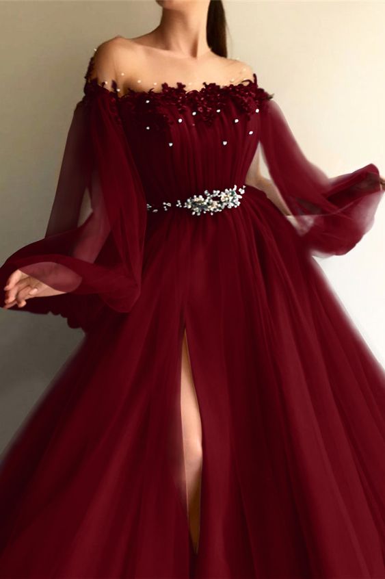 Chic Off-the-Shoulder Long Sleeves Elegant Evening Dresses With Beads - FashionDia