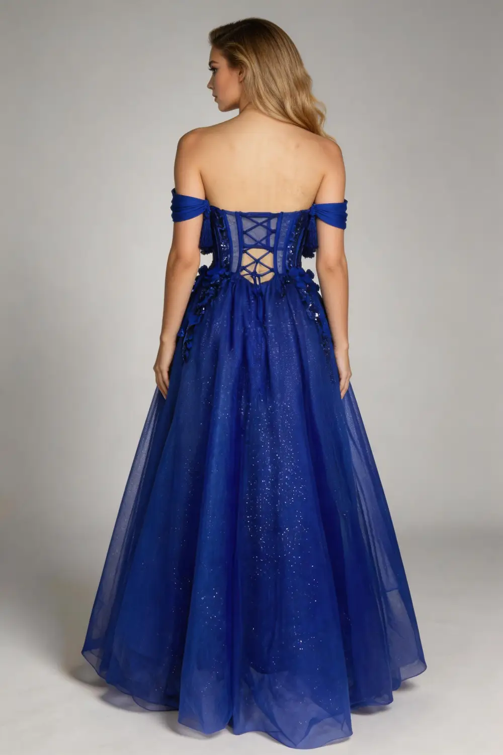 Royal Blue Off Shoulder Corset Ball Gown With 3D Floral Glitter Prom Dress (ZD17138)