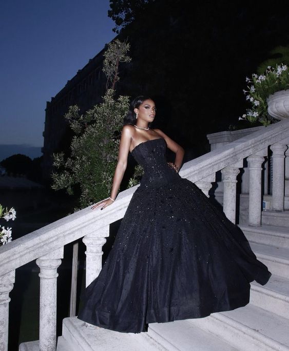A-Line Black Long Prom Dresses, Strapless Evening Party Dress - FashionDia