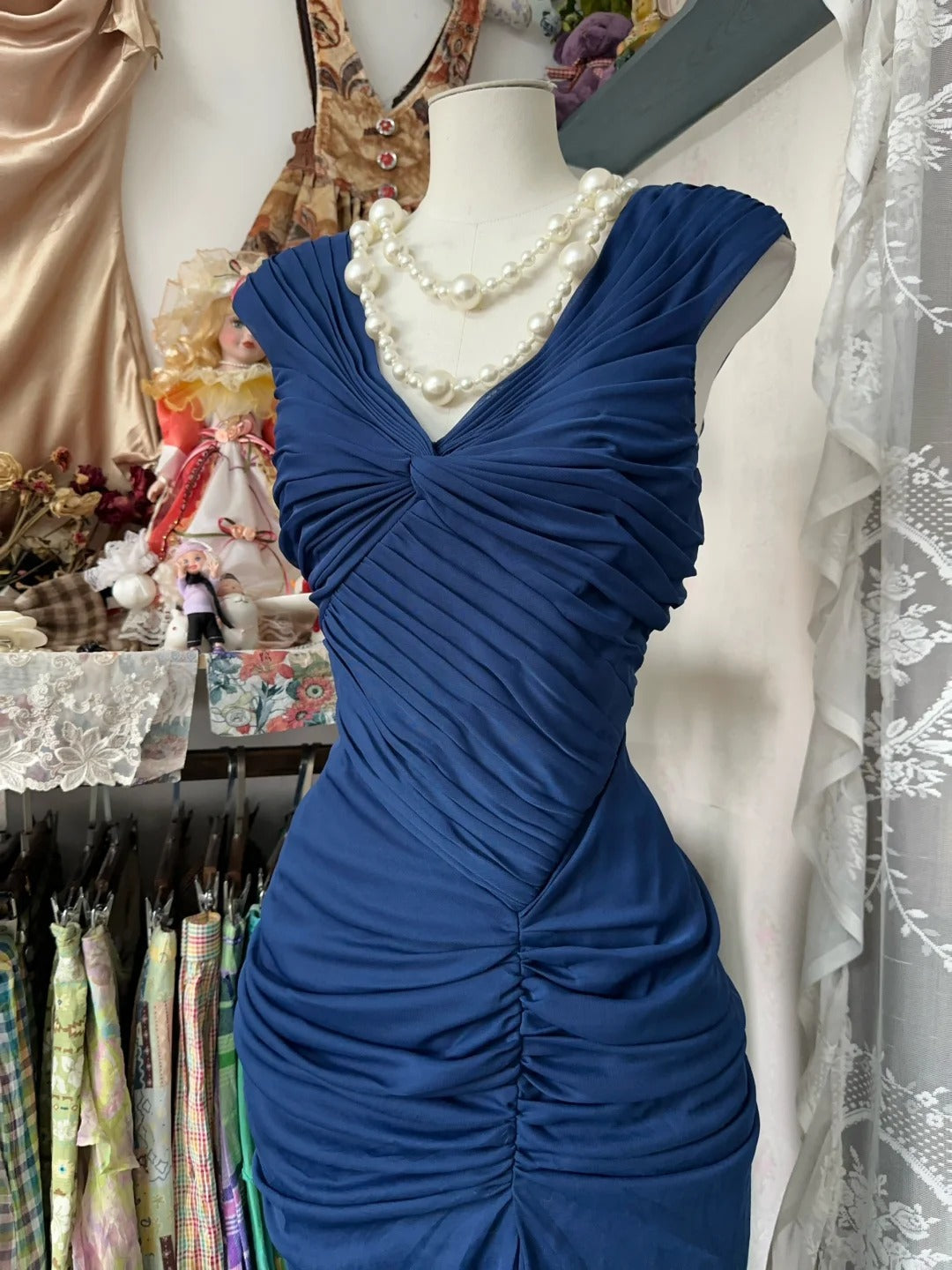 Navy Blue Mermaid Pleats Vintage Prom Dress Long Evening Dress - View 3 | FashionDia