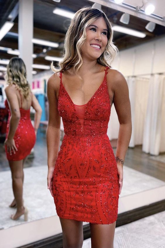 V-Neck Lace Appliques Short Homecoming Dress Tight Graduation Dress - FashionDia