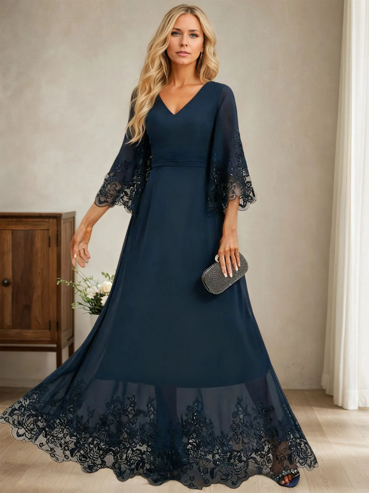 A-line V-Neck Floor-Length Chiffon Evening Dress With Pleated Sequins - FashionDia