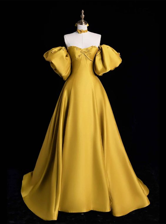 Yellow Satin Lace Long Prom Dress, Beautiful A-Line Off-the-Shoulder Evening Party Dress - FashionDia