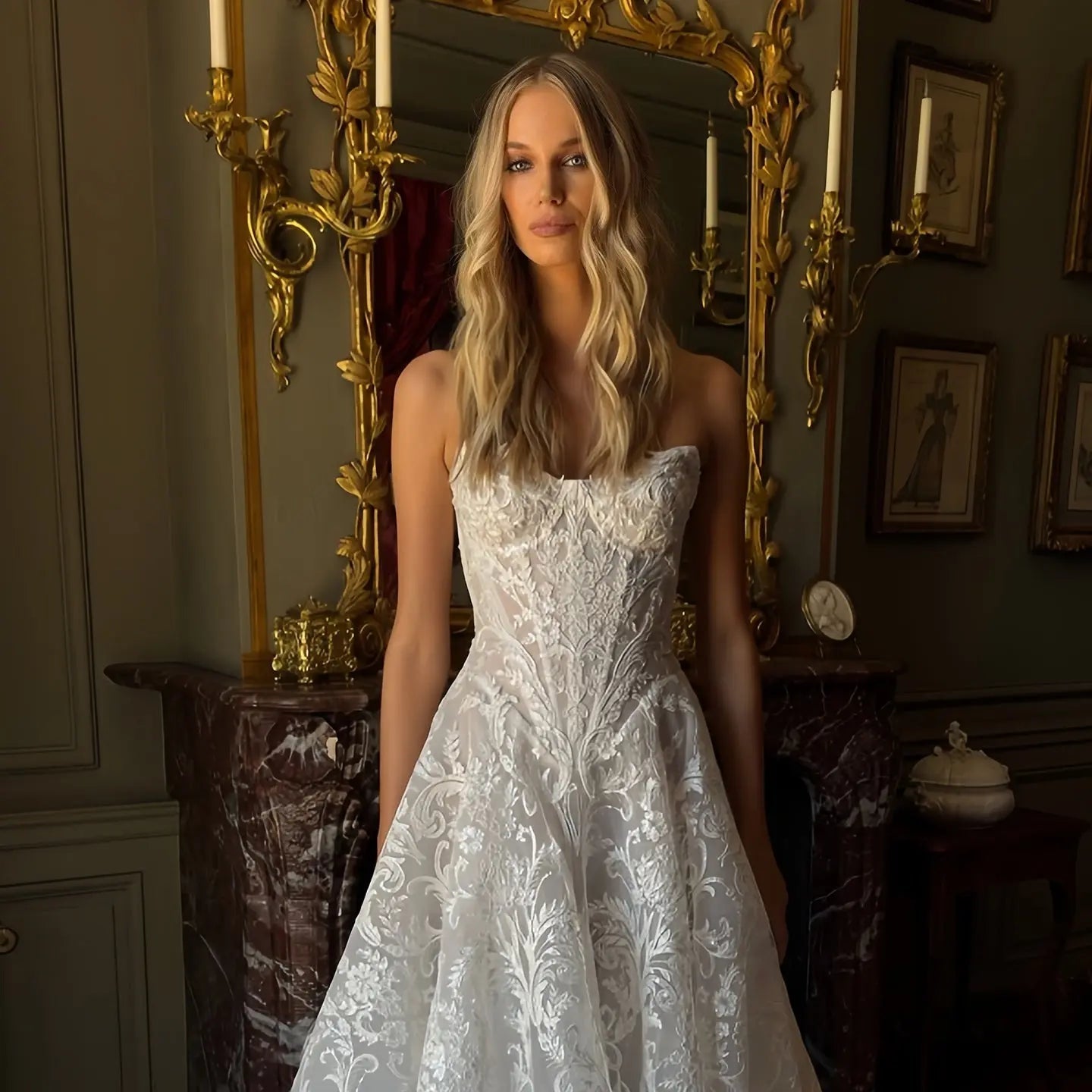 Vintage White Strapless Lace A-Line Wedding Dress with Scalloped Train ZP092
