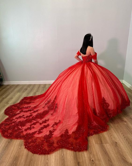 Red Off-the-Shoulder Ball Gown,Red Sweet 16 Dress,Princess Dress - View 3 | FashionDia