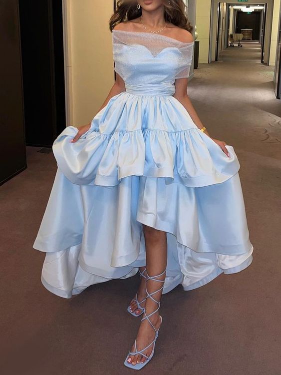 Blue Satin Mid-Length Dress for Women Custom Made Evening Dresses fg6130