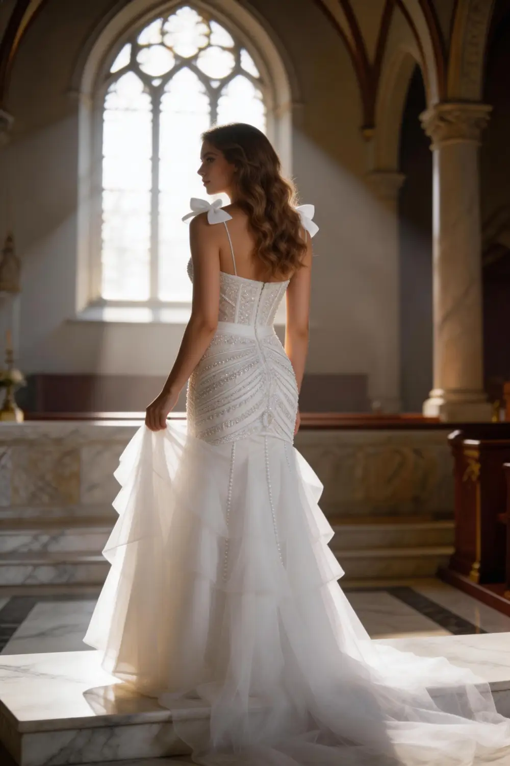 White Beaded Mermaid Wedding Dress With Deep V Neck And Ruffle Skirt (ZD17130)