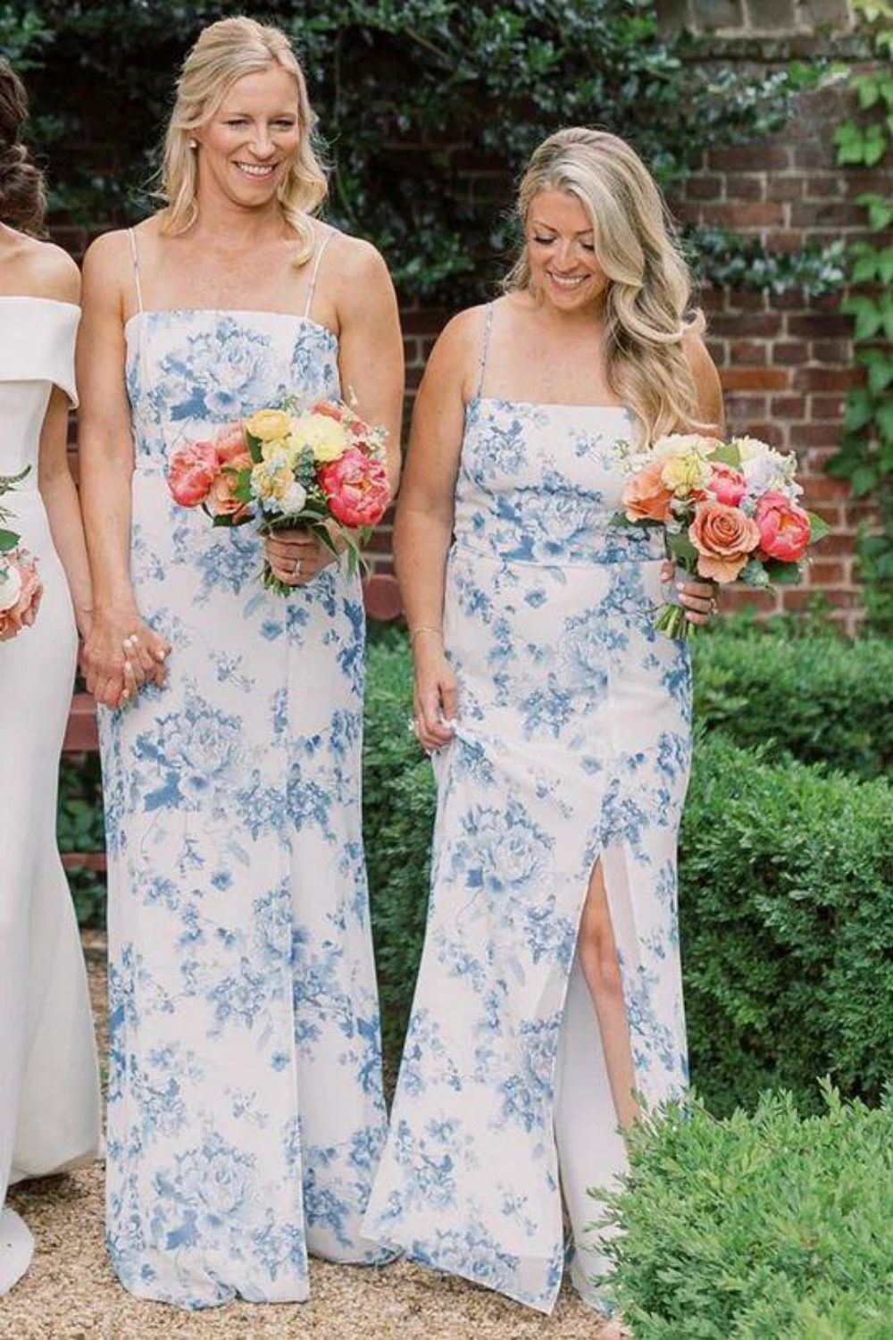 Gorgeous Spaghetti Straps Blue Floral Printed Long Bridesmaid Dress with Split Front