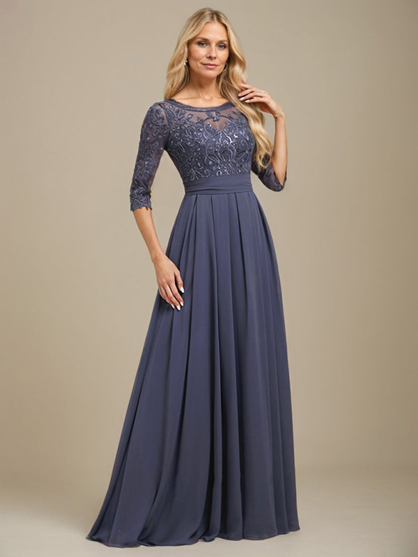 A-Line Scoop Floor-Length Lace Chiffon Mother Of the Bride Dress With Sequins Applique - View 2 | FashionDia