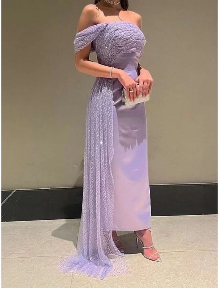 Evening Gown Elegant Dress Formal Ankle Length Short Sleeve Off-the-Shoulder Satin with Ruched Sequin Dress - FashionDia