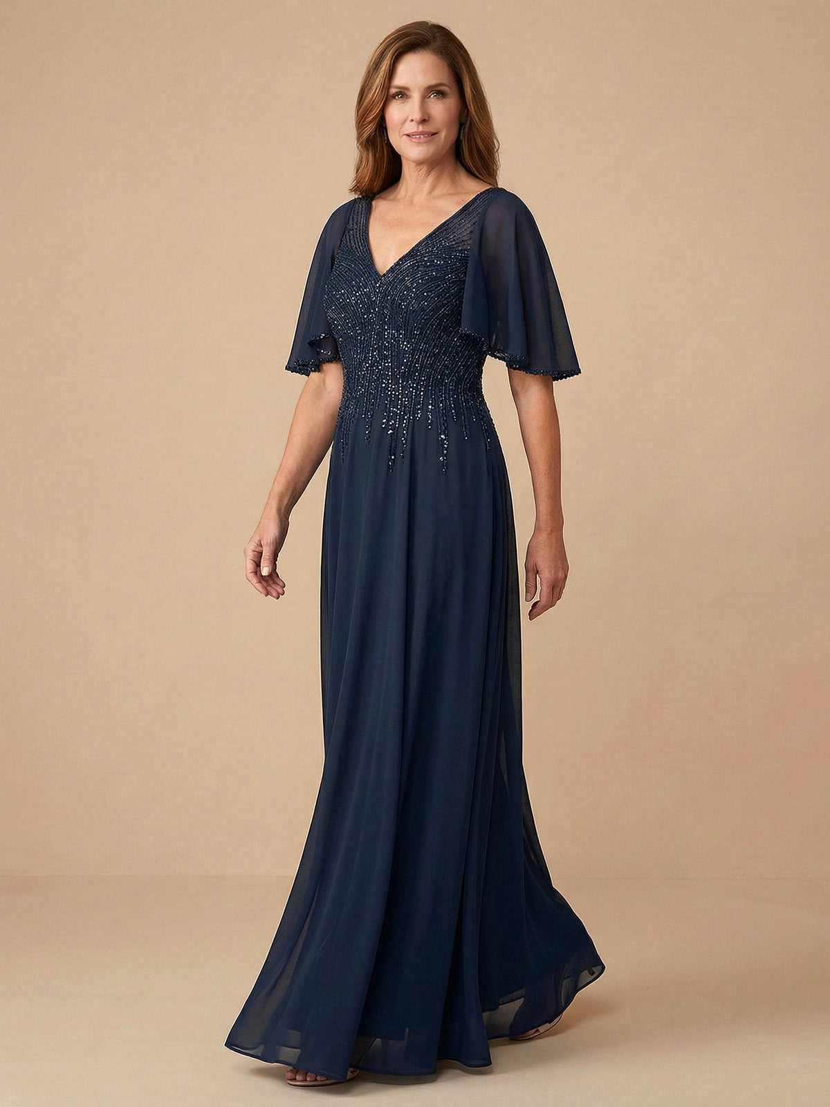 Flare Sleeves Sparky Sequins A-Line Chiffon Mother of the Brides Dresses - View 5 | FashionDia