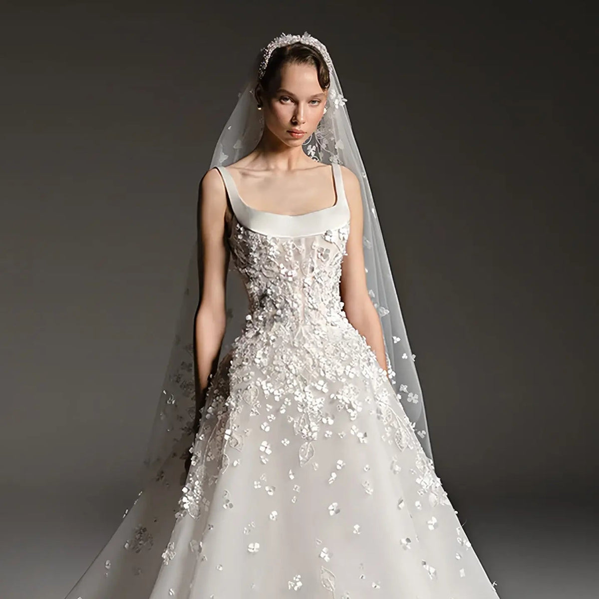 Luxury White Square Neck Beaded Floral Lace Ball Gown Wedding Dress with Veil ZP082