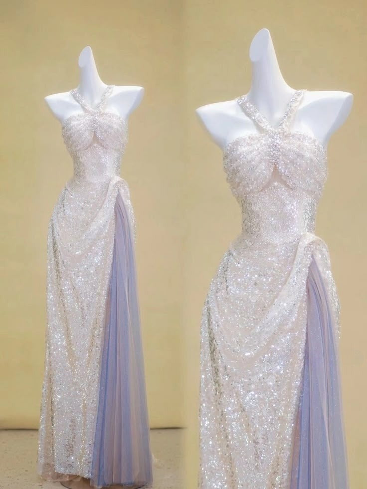 A Line Sequin Halter prom dress Formal Evening Dress
