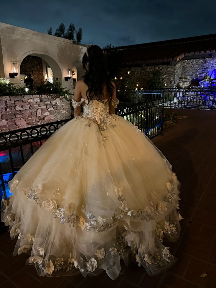 Champagne Quince Dress with Flowers Sweet 16 Dresses Off-the-Shoulder Ball Gown - View 3 | FashionDia