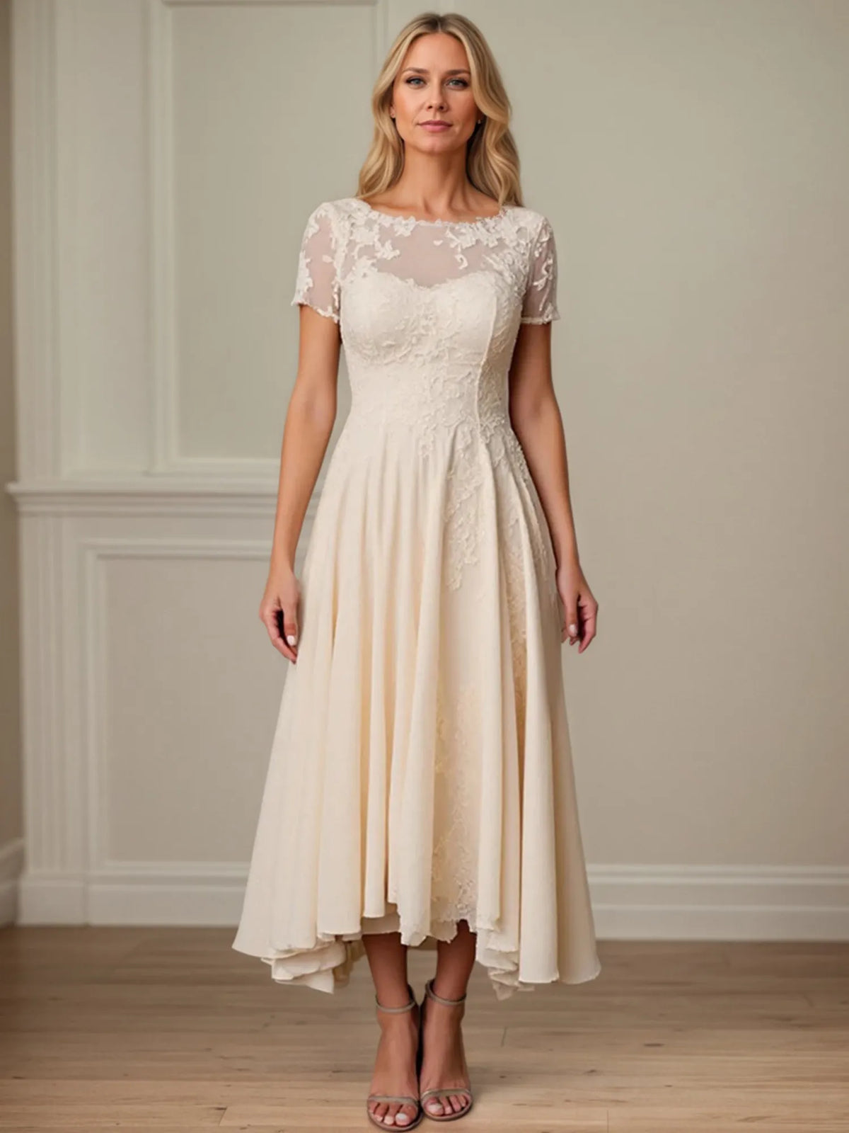 A-Line Scoop Neck Short Sleeve Chiffon Mother of the Bride Dress - FashionDia