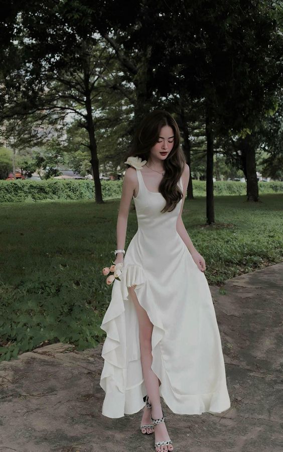 A-Line Ivory Asymmetric Ruffled Prom Evening Dresses - FashionDia