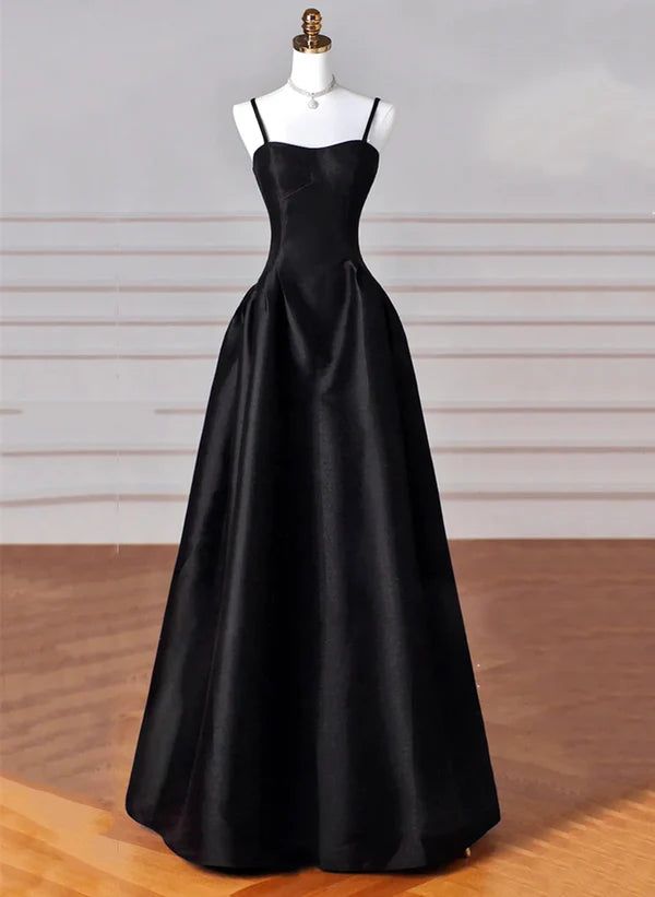 Elegant Black A-Line Satin Long Prom Dress Formal Evening Dress - FashionDia