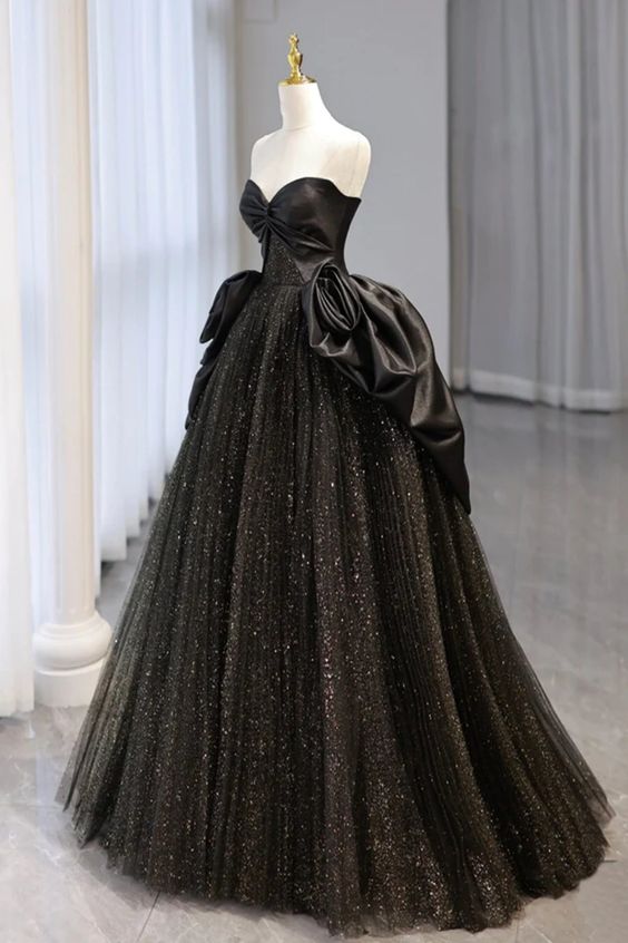 Shiny Black Tulle Strapless Long Prom Dresses, Black Tulle Formal Evening Dresses - FashionDia