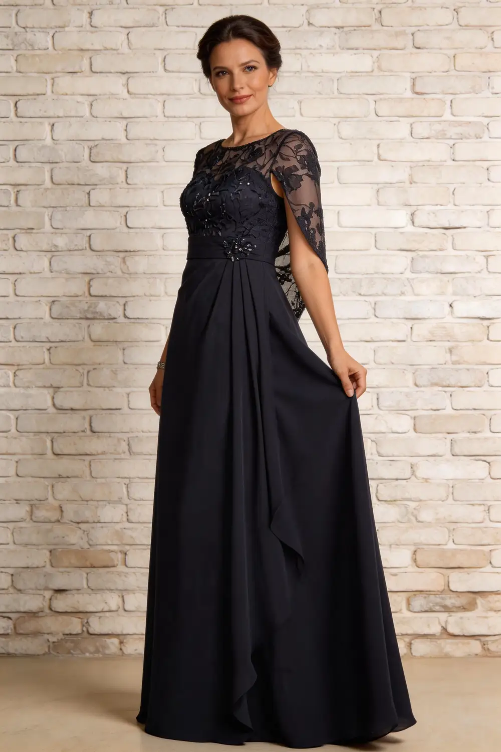 Dark Navy Lace Cape Sleeve Chiffon A Line Mother Of The Bride Formal Gown (ZD17162)