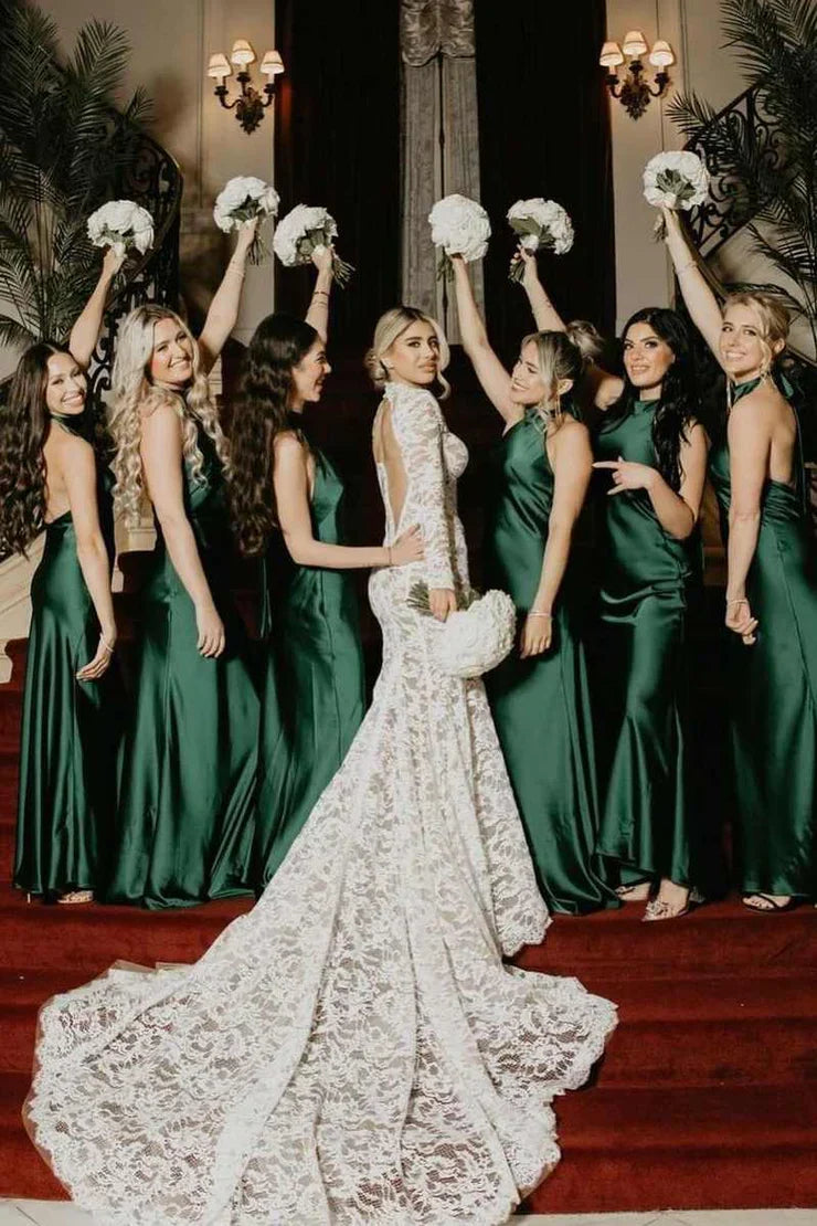 Halter Satin Pleated Mermaid Sleeveless Long Bridesmaid Dress