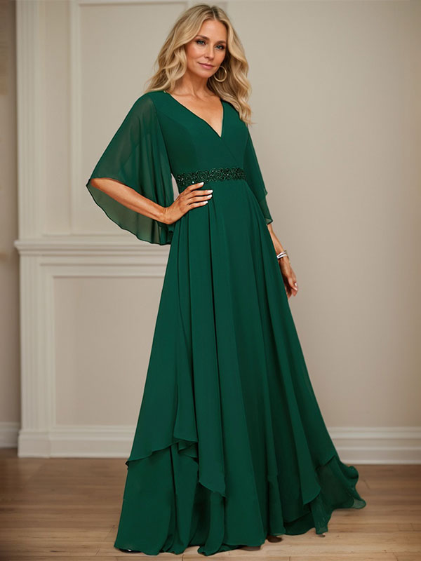 A-line V-Neck Floor-Length Chiffon Mother of the Bride Dress With Sequins Appliques Lace Beading - View 2 | FashionDia