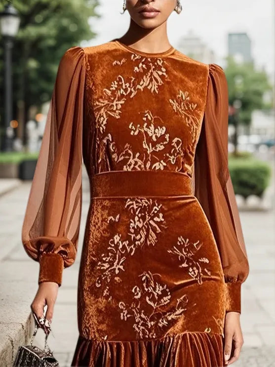 Caramel Mesh Velvet Crew Neck Long Sleeve Balloon Sleeve Mermaid Midi Dress - View 2 | FashionDia